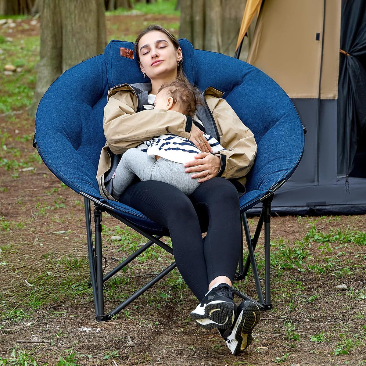 EVER ADVANCED Luxe Moonchair XXL campingstoel, opvouwbaar, 150 kg belastbaar, rond, klapstoel, dik gevoerd, oversized campingstoel met kussen, extra breed, voor outdoor, camping, tuin, balkon, indoor