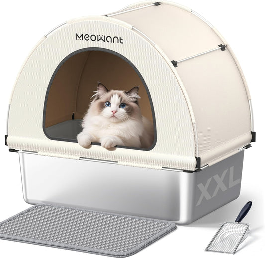 MeoWant Stainless Steel Cat Litter Box, Removable, Closed, Extra Large Cat Litter Box, Stainless Steel, XXL with Fabric Canopy, Odour-Inhibiting, Non-Stick Coating, Easy to Clean, White - QUORE