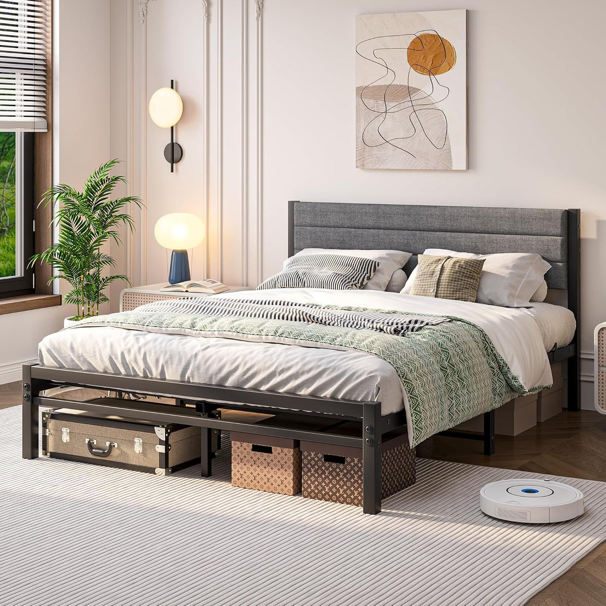 Bed 140x200 met lattenbodem, metalen bedframe uit metaal, gestoffeerd bed 140x200 cm tweepersoonsbed, bedframe met hoofdbord, gastenbed Geen boxspringbed vereist, eenvoudige montage, grijs