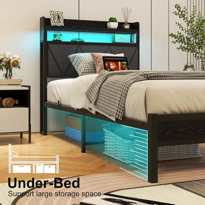 Gestoffeerd bedframe 90 x 200 cm, eenpersoonsbed frame met led en laadstation, bedframe met opbergruimte, tienerbed, logeerbed met hoofdeinde, perfect voor slaapkamer, logeerkamer, donkergrijs