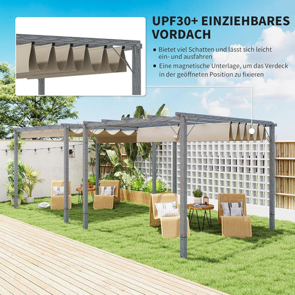 Outsunny Pergola in approx. 3x3m Garten Pavillon mit magnetischen Pad, Terrassendachung aus Aluminium, Gartenpavillon mit verstellbares Dach, Freistehend, UV Schutz 30+, für Terrasse und Garten, Grau - QUORE