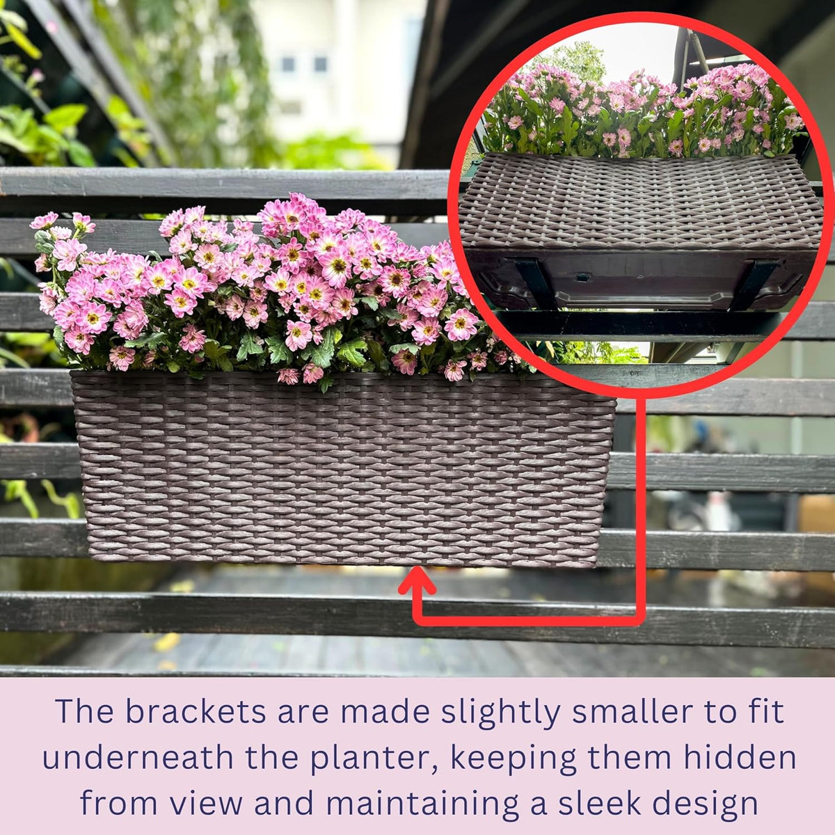 LaLaGreen Outdoor Rail Planter for Balcony (2 Pieces, 50 cm) Large Black Self-Watering Railing Planters with Brackets, Rectangular Plastic Window Flower Box Fence Designer Choice with Rattan Pattern - QUORE
