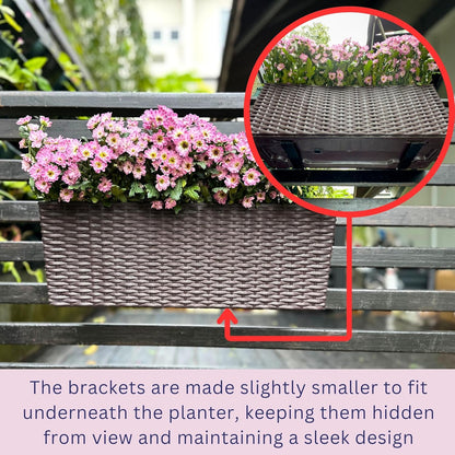 LaLaGreen Outdoor Rail Planter for Balcony (2 Pieces, 50 cm) Large Black Self-Watering Railing Planters with Brackets, Rectangular Plastic Window Flower Box Fence Designer Choice with Rattan Pattern - QUORE
