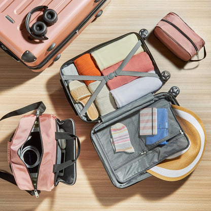 Amazon Basics Bagageset en Harde Buitenkant, 4-delig, Grote Koffer, Handbagagekoffer, Draagtas, Compacte Reistas, Uitbreidbaar, 4 Spinnerwielen, Roségoud