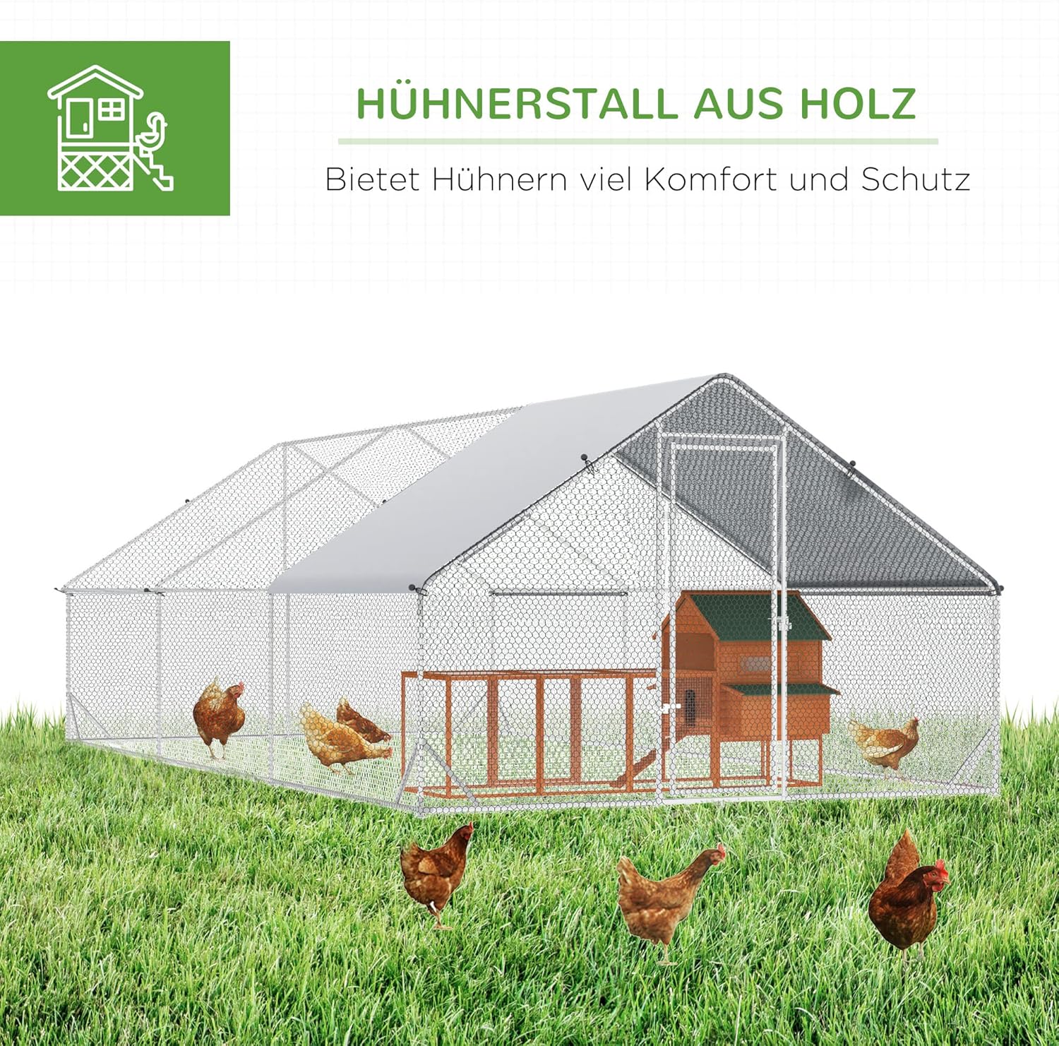 PawHut chicken coop outdoor enclosure XXL outdoor chicken coop with shade roof lock outdoor enclosure for 12-18 chickens duck rabbit steel 3x6x2m - QUORE