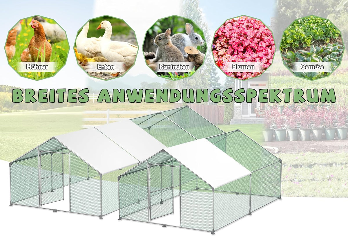 Buitenren Kip – Kippenren – Konijnenhok – Gevogeltekooi – Buitenhok – Verzinkt Stalen Frame – PE Zonnescherm (3x8x2m)