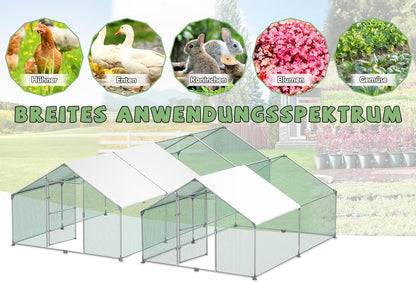 Buitenren Kip – Kippenren – Konijnenhok – Gevogeltekooi – Buitenhok – Verzinkt Stalen Frame – PE Zonnescherm (3x8x2m)
