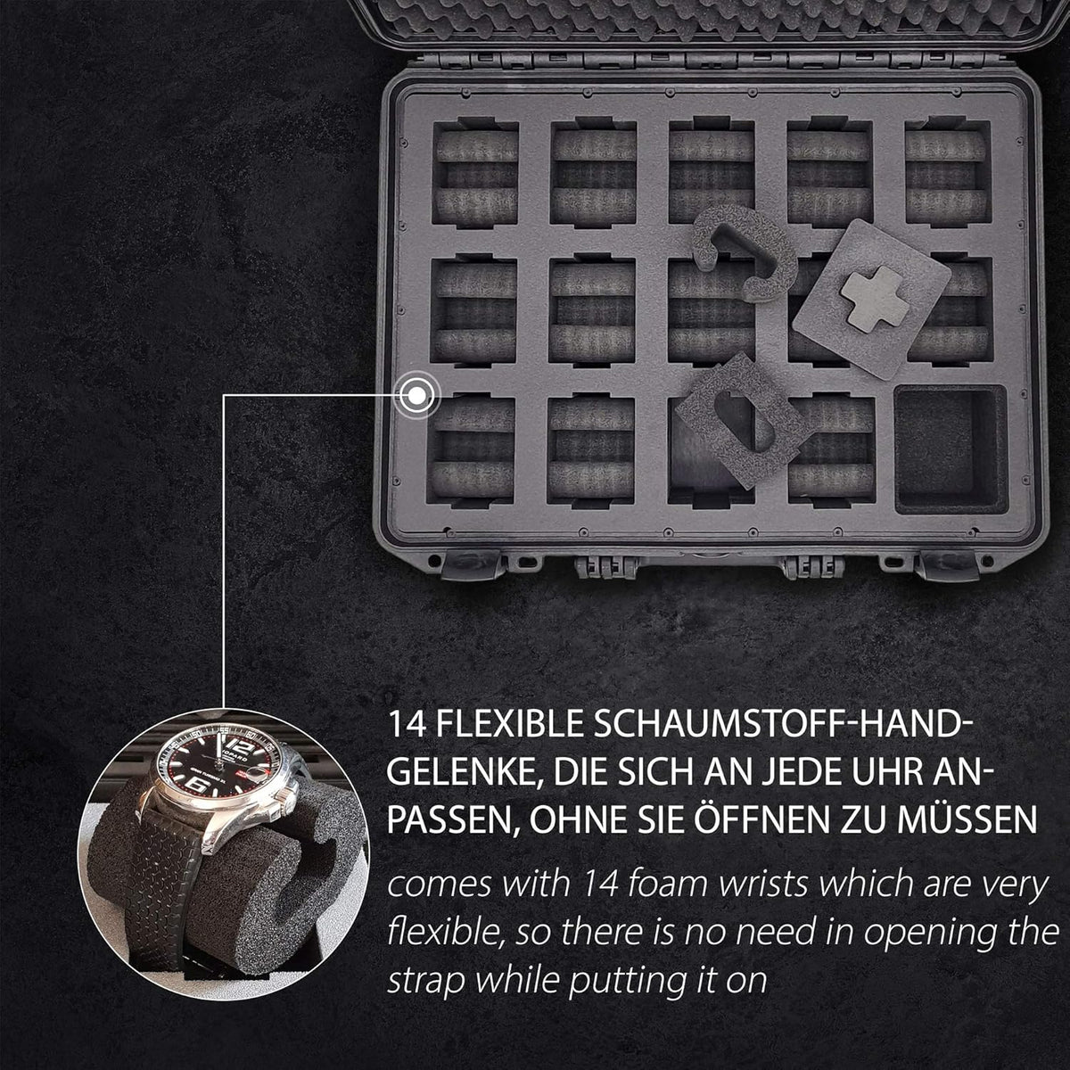 MC-CASES ® Draagkoffer voor maximaal 14 horloges, reiskoffer, waterdicht, afsluitbaar, perfect voor op reis, extreem beschermd, Made in Germany, zwart, ruimte voor 14, zwart., Platz für 14 Uhren,