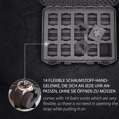 MC-CASES ® Draagkoffer voor maximaal 14 horloges, reiskoffer, waterdicht, afsluitbaar, perfect voor op reis, extreem beschermd, Made in Germany, zwart, ruimte voor 14, zwart., Platz für 14 Uhren,