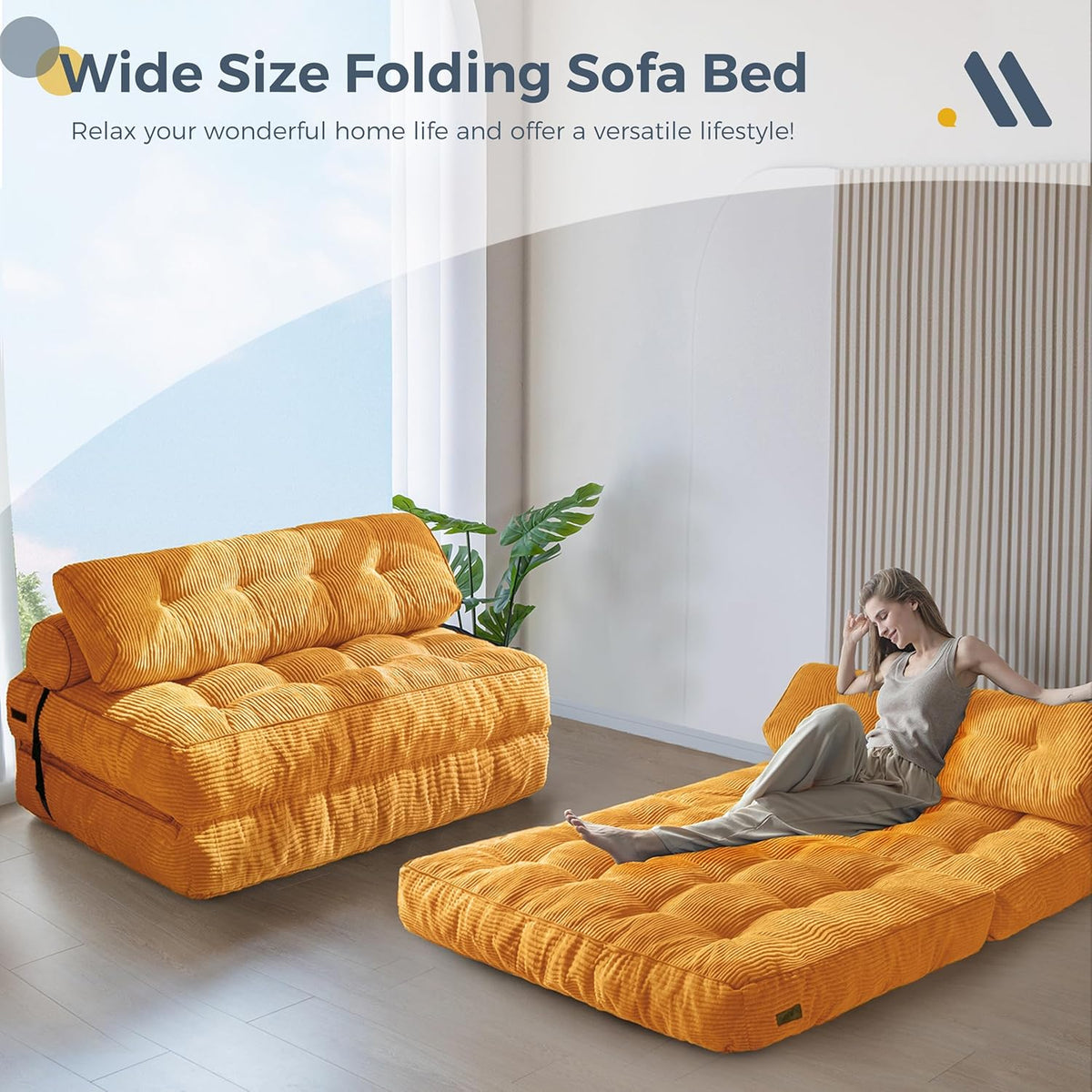 MAXYOYO Folding Sofa Bed, Convertible Sleeping Chair with Pillow, Mattress with Back Support, Portable Chair Bed, Comfortable Lounge for Living Room, Bedroom, Orange, Double