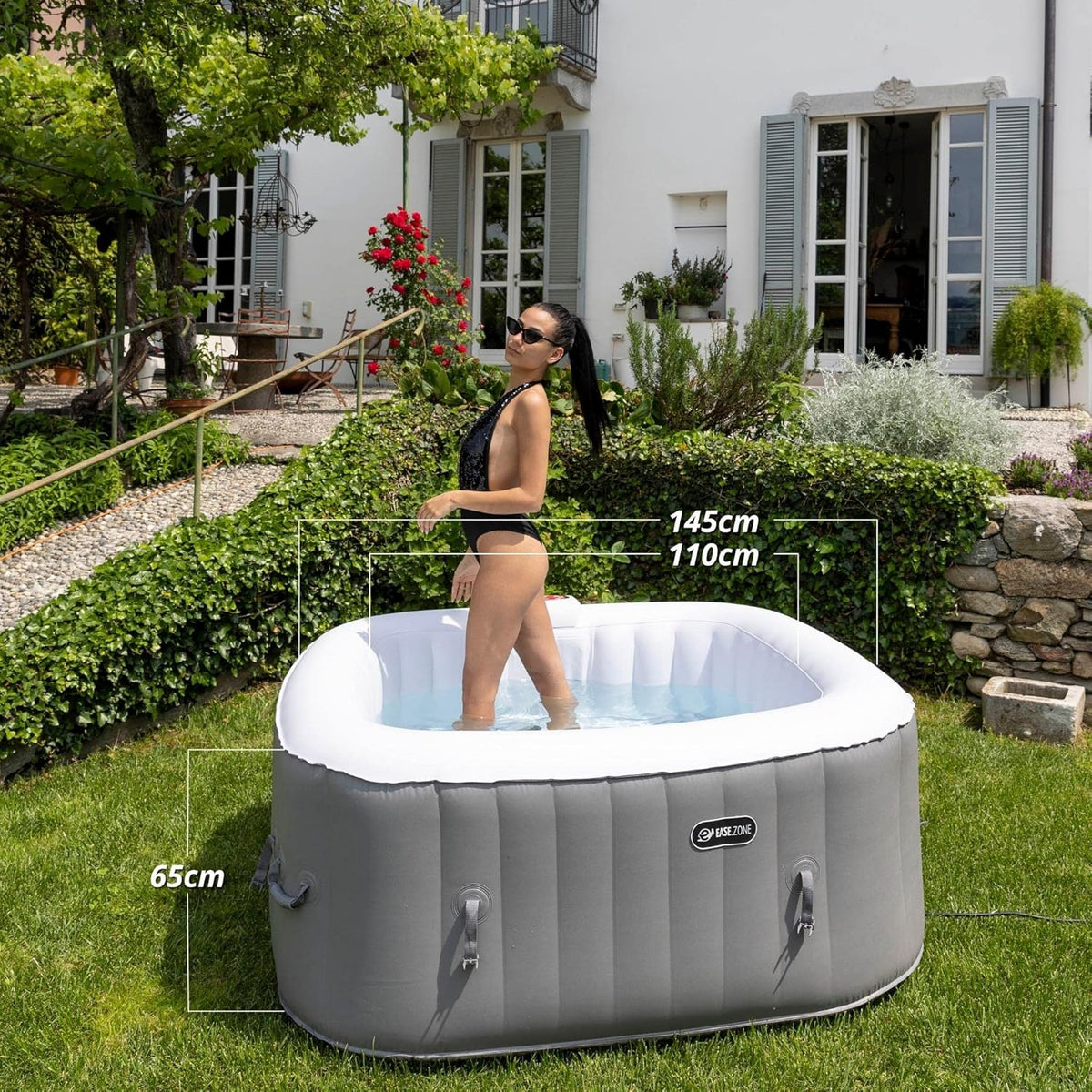 Whirlpool, opblaasbaar, vierkant, verwarmd, voor 4 personen, 145 x 145 x 65 cm, zeer stille pomp, grijs