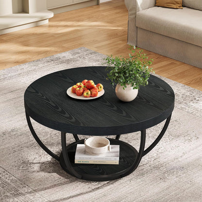 Tribesigns Black Round Coffee Table, 80.5cm Modern 2-Tier Circle Coffee Table with Storage Shelves, Accent Cocktail Table Center Table for Living Room