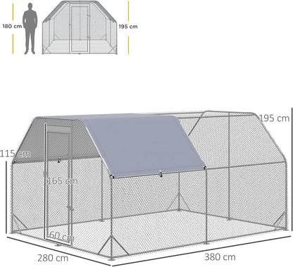 PawHut Chicken Coop with Run, 280 x 380 x 195 cm Chicken Cage with Door, Chicken Coop with Water Resistant Sunroof, Poultry House for 10-12 Chickens, Oxford, Silver - QUORE