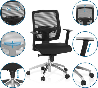 hjh OFFICE 657284 bureaustoel draaistoel NET 90 stof zwart/zwart, eersteklas afwerking, in hoogte verstelbare rugleuning, in hoogte verstelbare armleuningen, ergonomische bureaustoel