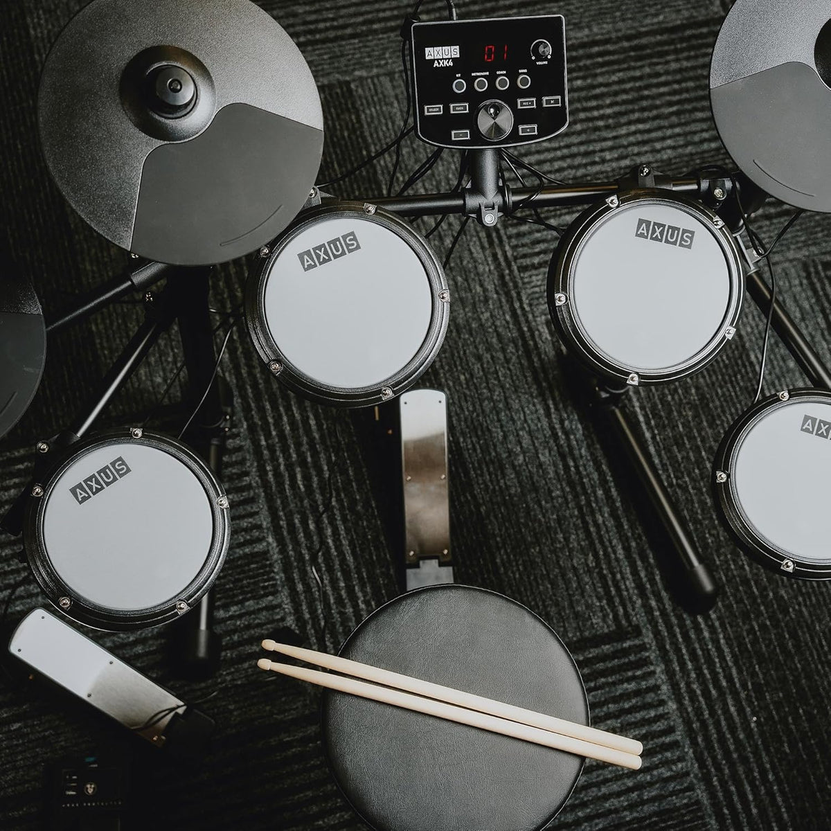 Axus AXK4 Electronic Drum Kit Starter Pack Voor Beginners Met Stille Mesh Drumkussens, Sticks, Ontlasting En Hoofdtelefoon