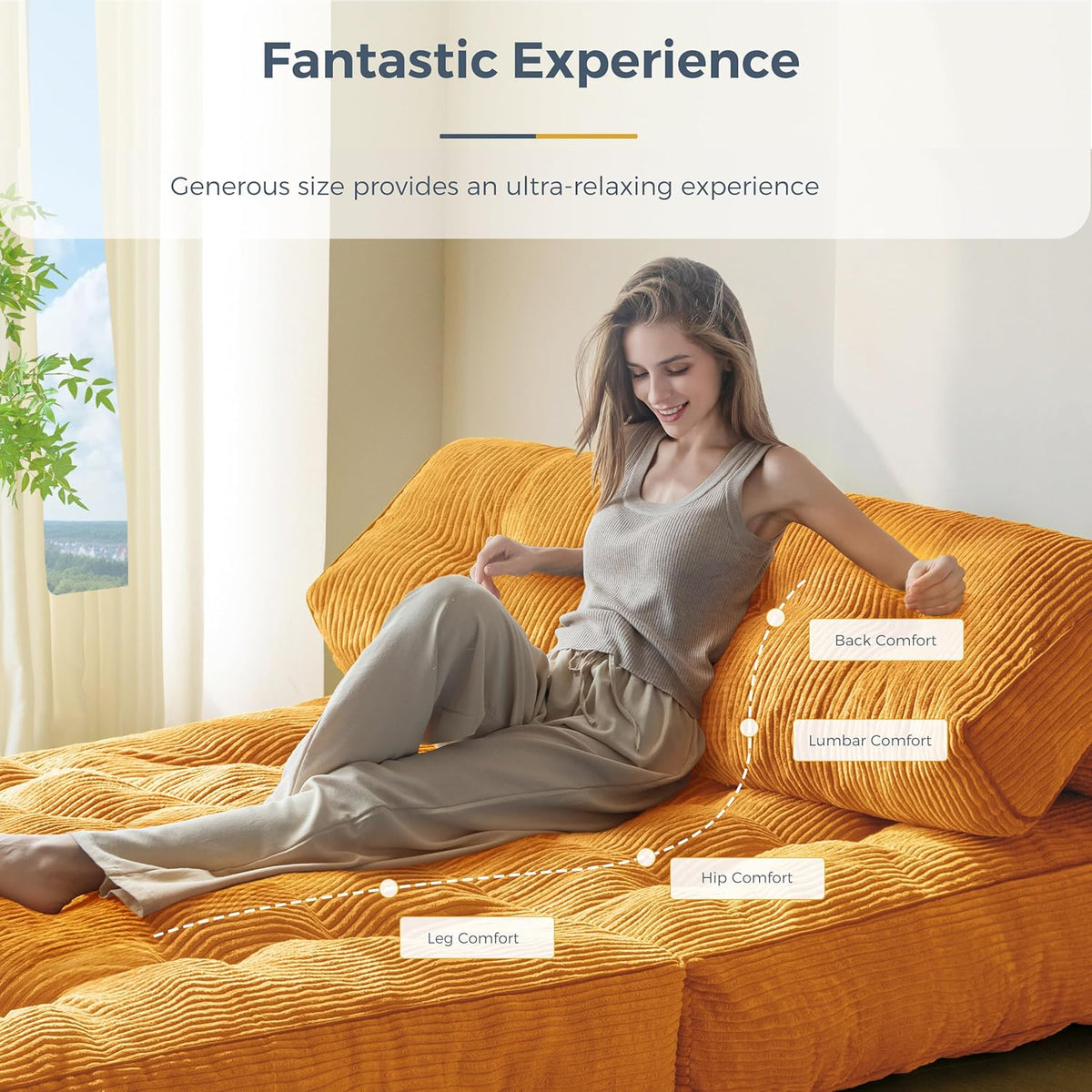 MAXYOYO Folding Sofa Bed, Convertible Sleeping Chair with Pillow, Mattress with Back Support, Portable Chair Bed, Comfortable Lounge for Living Room, Bedroom, Orange, Double