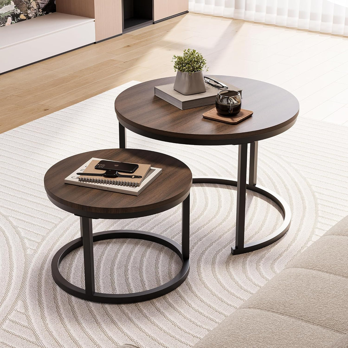 HOJINLINERO Set van 2 ronde nestels, stapelbank, bijzettafel, voor woonkamer, slaapkamer, kantoor, balkon, appartement (walnoot)