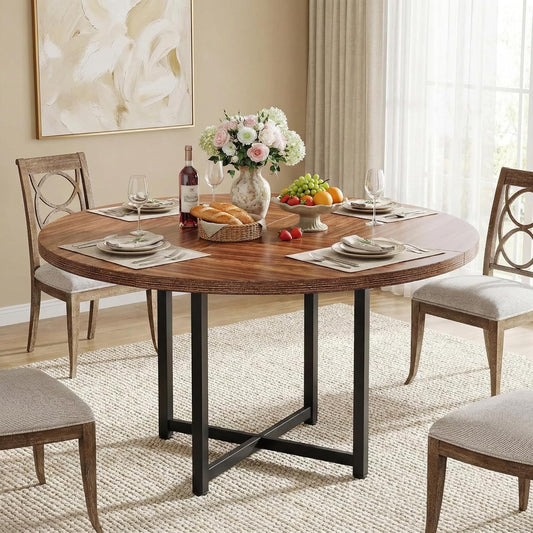 Ronde Eettafel – Eettafel Rond – Keukentafel – Houten Eettafel – Eettafel 4 Personen – 120 cm Diameter – Robuust Stalen Onderstel