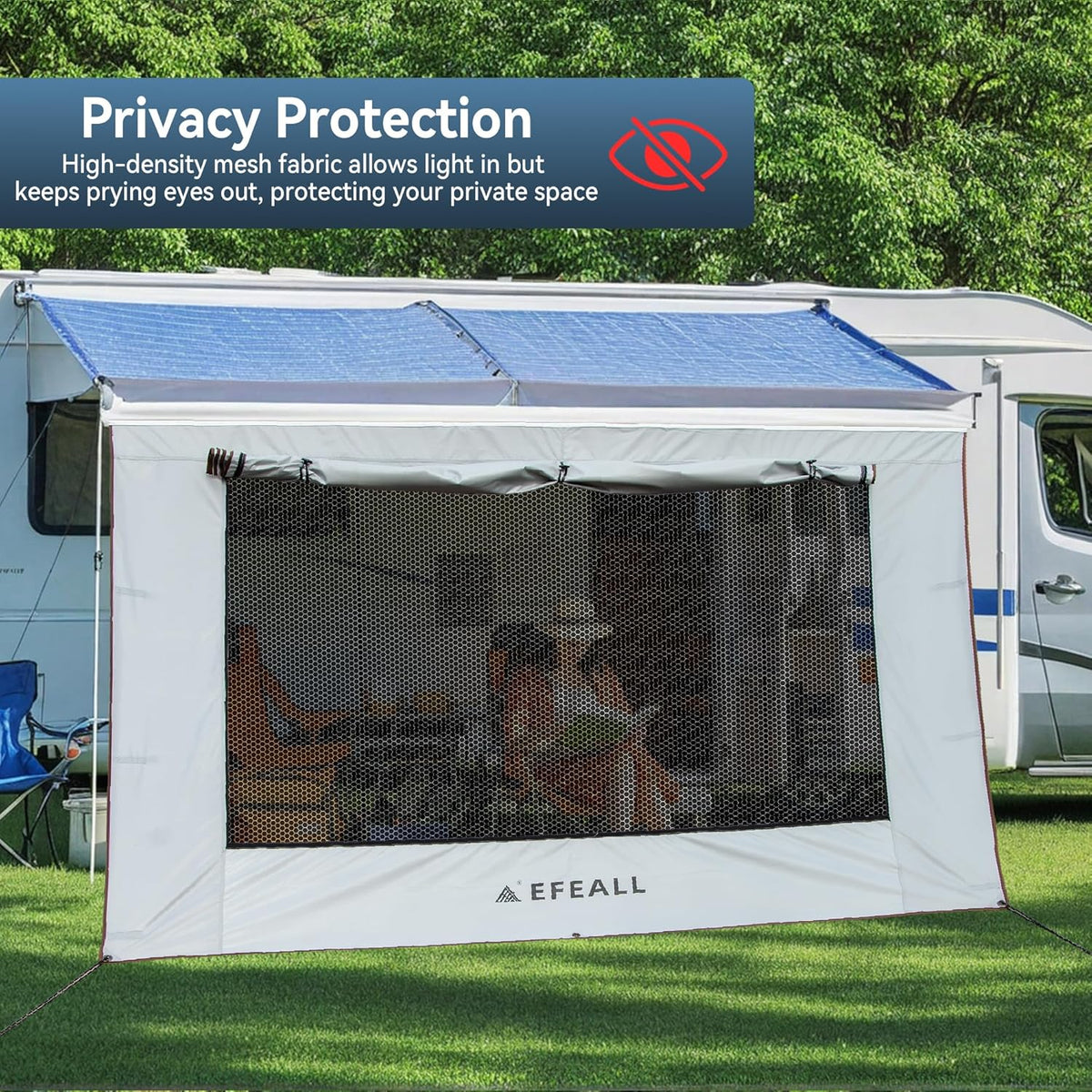 Zonwering, voorwand voor camper, 2 x 4,8 m, UPF 50+ bescherming, regenbestendig, met verstelbaar panoramavenster (stof + net), zonblokkerende luifel voor biezen met Ø 5-7 mm, incl