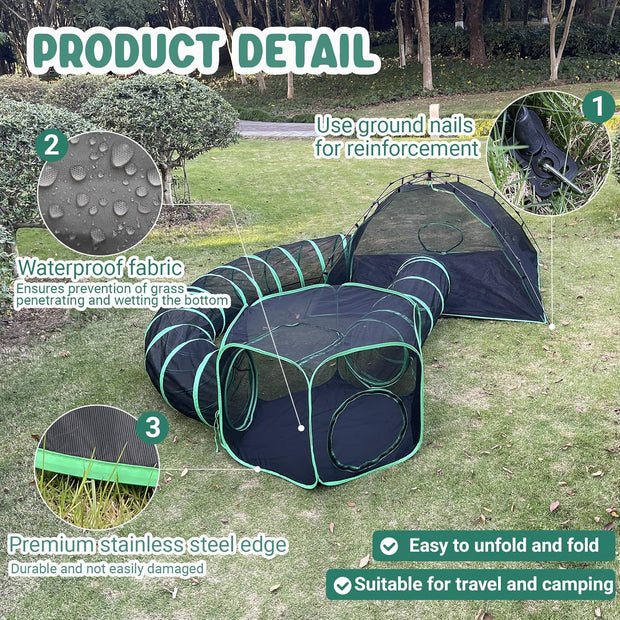 4-in-1 Kattentent - Kattenverblijf - Kattententen - Opvouwbaar - Draagbare Catiotent - met 1 Koepeltent - 2 Tunnelen - 2 Tenten - Buitenkattenbox - voor Katten - Konijnen - Andere Dieren - Polyester - Zwart/Groen