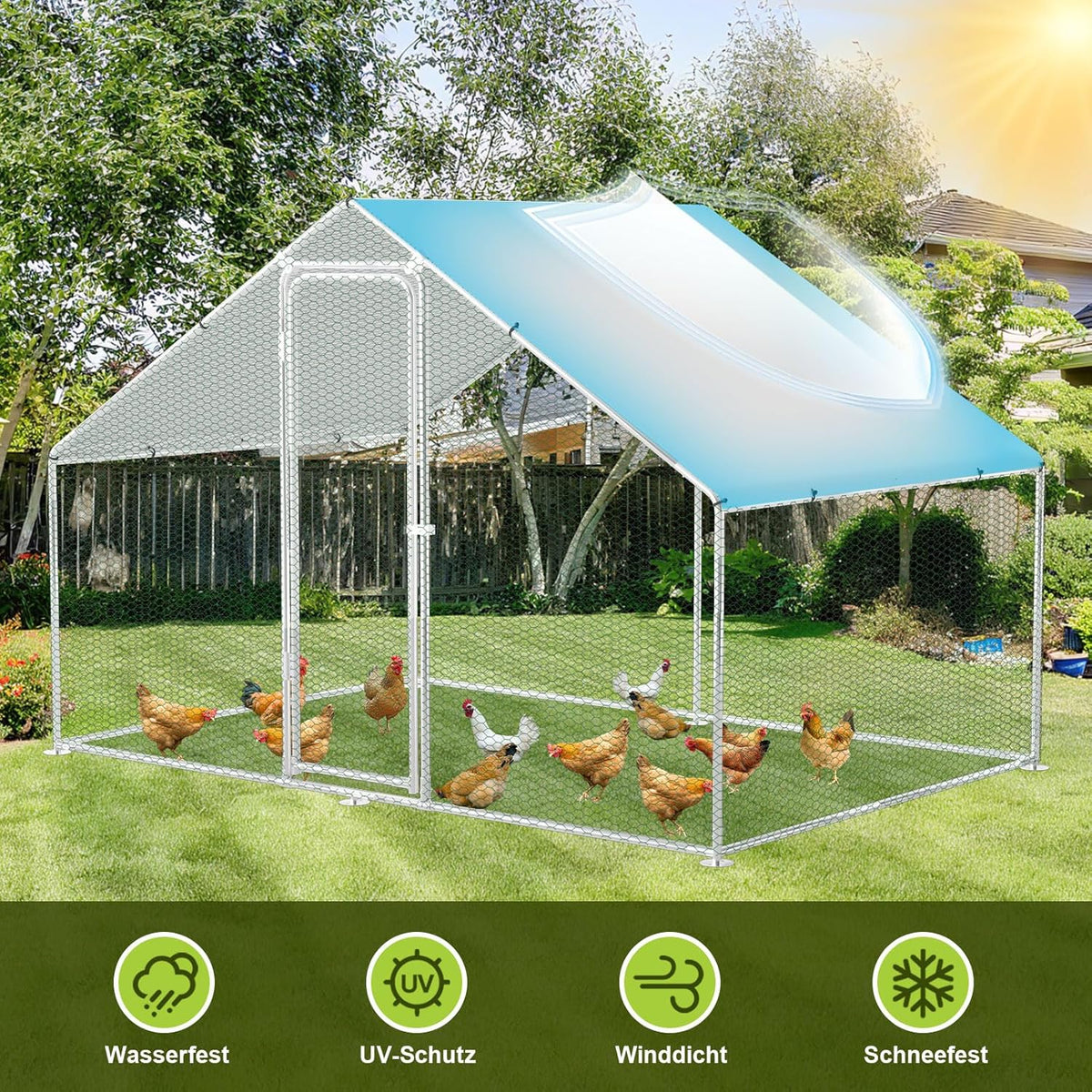 XXL Chickens with Safety Lock and Waterproof PE Tarpaulin, Plenty of Space for Chickens, Rabbits and Other Small Animals, Sturdy Steel Frame, 3 x 3 x 2 m, Red - QUORE