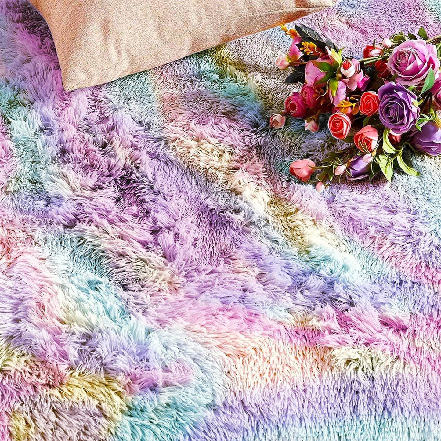 AMEHA Regenboog Pluche Tapijten Woonkamer Slaapkamer Groot 200x290 cm Kleurrijke Zachte Pluche Antislip Vloerkleed voor Kinderkamer Meisjes Jongens Kinderen Tapijt Niet-uitscheurend