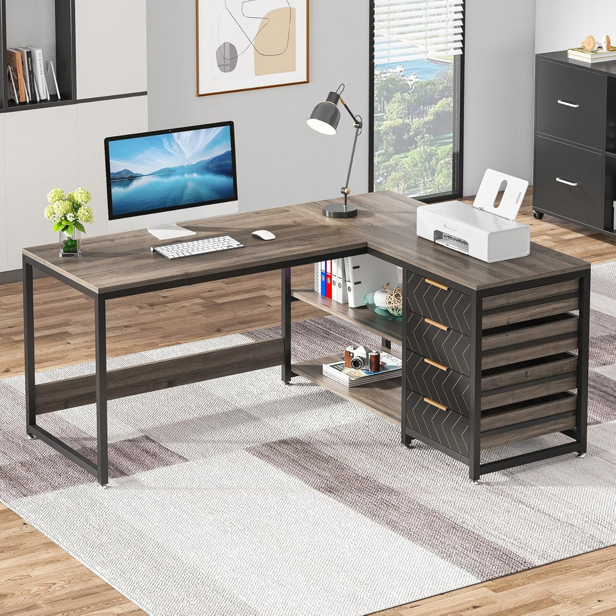 Tribesigns L-Shape Corner Desk with Shelves, Reversible L-Shape, with Monitor Stand and Shelves, for Office, Home, Brown, 150 x 120 x 75 cm (Grey)