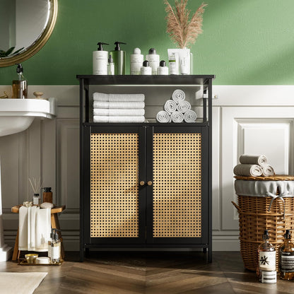 Bamboe Vloerkast – Opbergkast – Badkamerkast – Bijzettafel – Kast Met Rotan Deuren – Compact Formaat – Duurzaam Bamboe Materiaal - QUORE