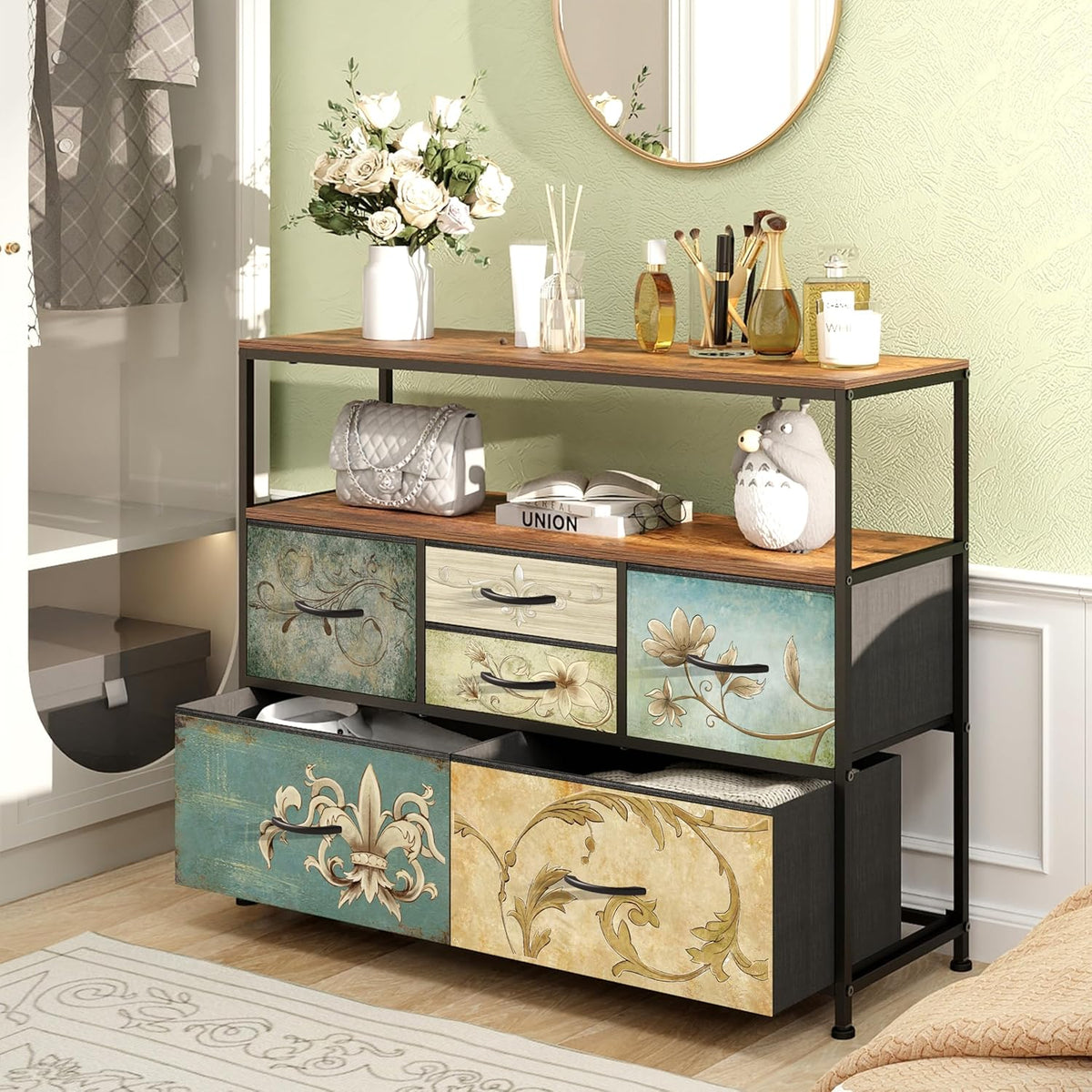 VEDECASA Kommode met 6 stoffen laden, Boheemse kaptafel, TV-standaard voor slaapkamer, dressoir met houten plaat, stoffen laden, metalen frame voor woonkamer, slaapkamer, hal
