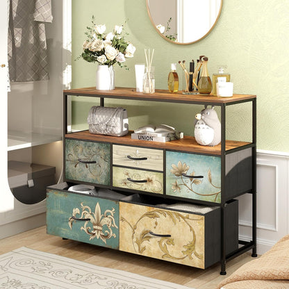 VEDECASA Kommode met 6 stoffen laden, Boheemse kaptafel, TV-standaard voor slaapkamer, dressoir met houten plaat, stoffen laden, metalen frame voor woonkamer, slaapkamer, hal
