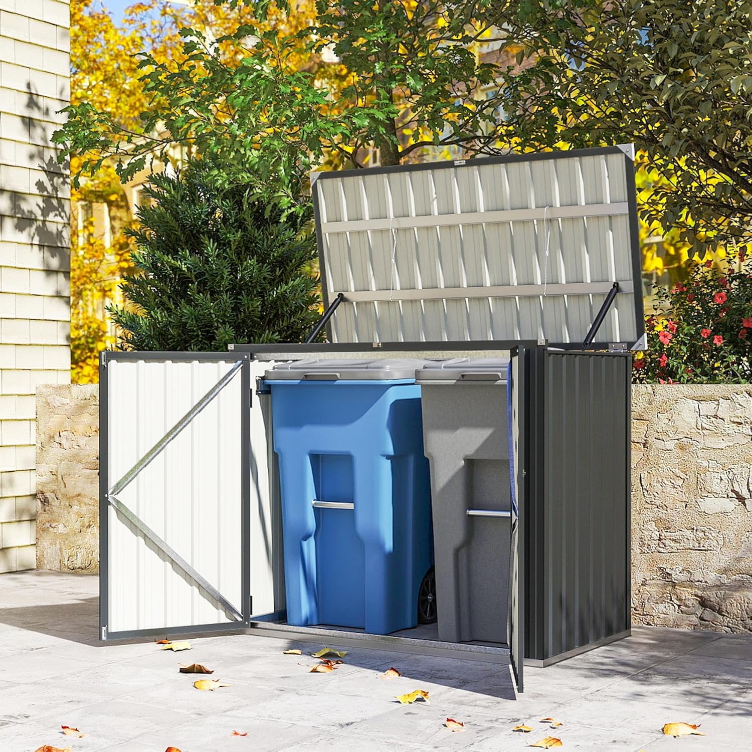 Outsunny afvalcontainerbox voor 2 containers met slot en openklapbaar deksel - Weerbestendig - Donkergrijs - Verzinkt staal - QUORE