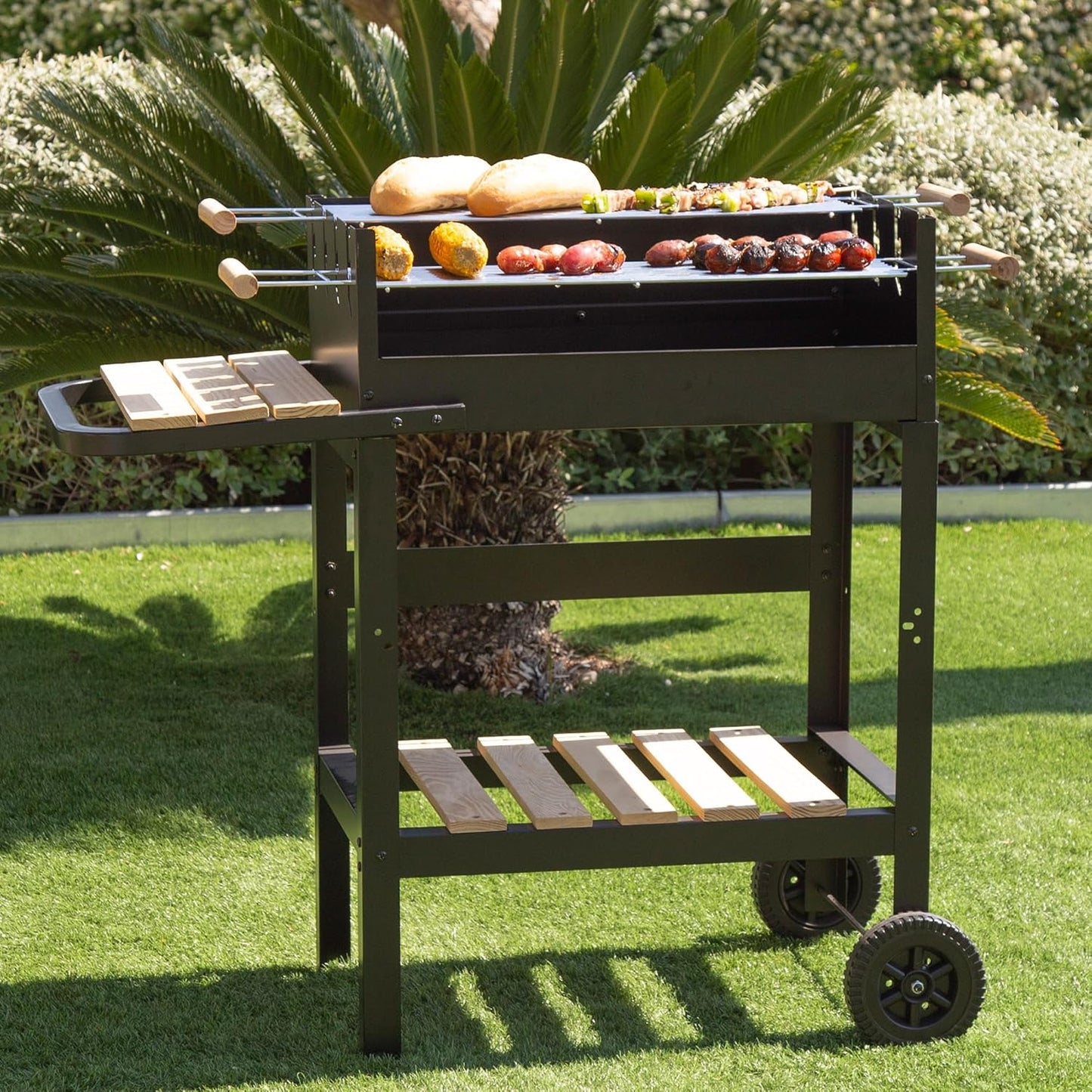 AKTIVE Draagbare houtskoolgrill met dubbele grill, metaal, 100,5 x 40 x 88,5 cm, 3 verstelbare hoogtes, 2 wielen voor eenvoudig transport, geëmailleerd metaal en hout, houtskoolbarbecues (52975)