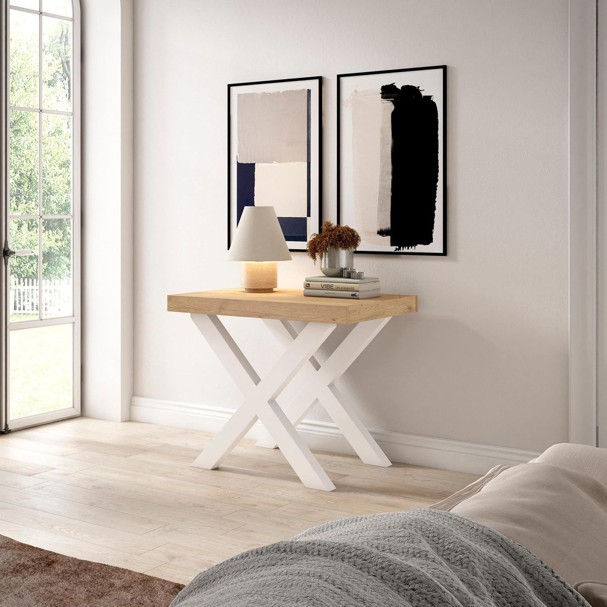 Skraut Home | Uittrekbare consoletafel | eettafel | 300 cm | voor 14 personen | poten massief hout | moderne stijl | eiken
