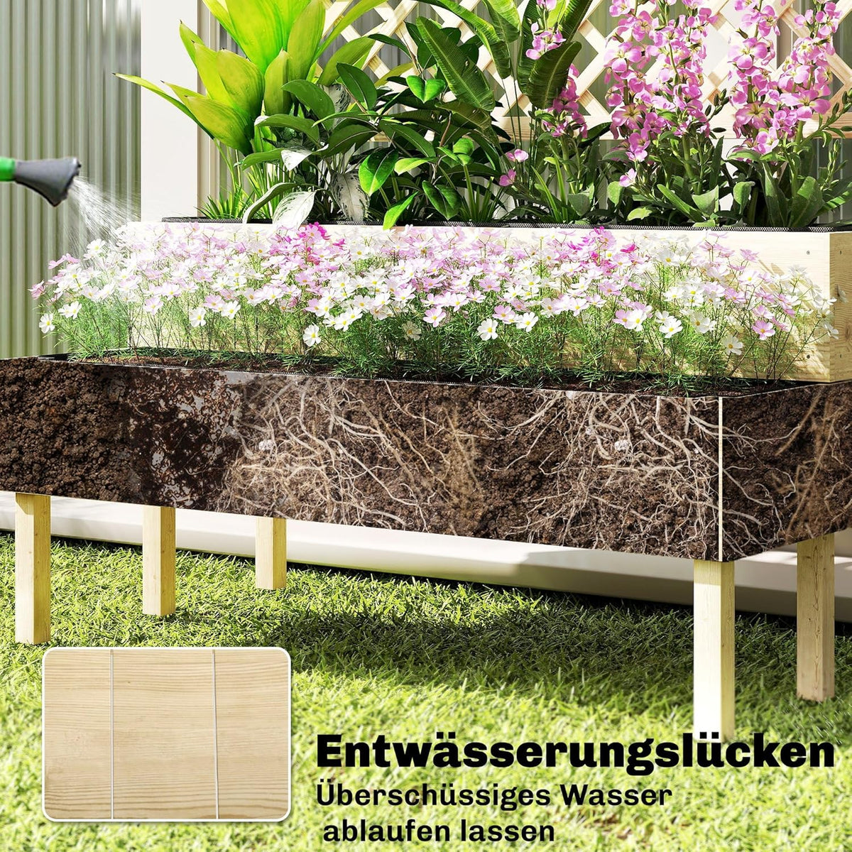 Outsunny Raised Planter with Trellis, 2-Step Flower Box with 2 Planters, Felt Fabric, Wooden Planter for Climbing Planters, Garden 108 x 62 x 120 cm