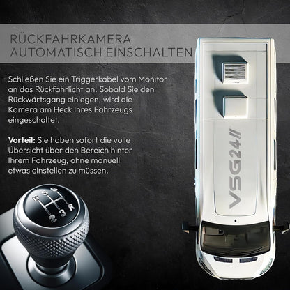 VSG24 24121 - 7" Premium achteruitrijvideosysteem voor campers & auto's, camera set incl. 20m kabel, nachtzicht, 120° hoek, 12-24 V, IP68 - Zwart