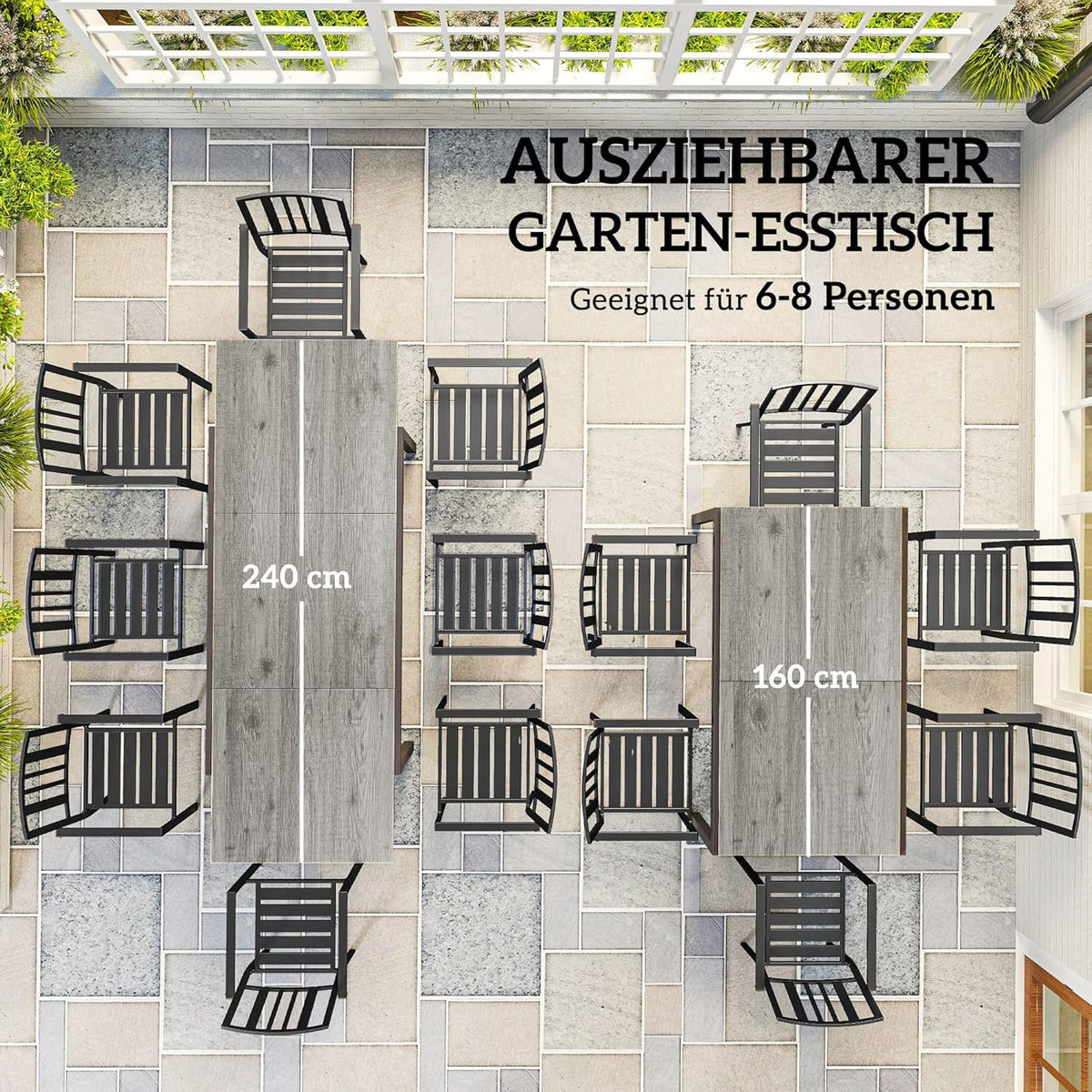Uitschuifbare Tuintafel – Tuinmeubel – Terrastafel – Balkon Tafel – Eettafel Buiten – Weerbestendig – 160-240x90 cm – Kunststof Houtlook