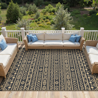 GENIMO Outdoor tapijt, 244 x 305 cm, waterdicht, omkeerbaar, Boheems design, zwart en bruin, voor tuin, groot terras, evenementen, extra groot