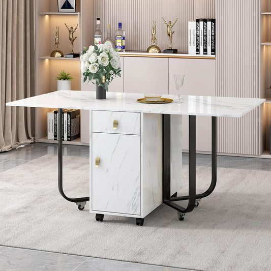 Lexiou Folding Dining Table (1 Piece) with Cabinet and 2 Drawers, Folding Kitchen Table, Versatile Table, Space-Saving Dining Table with 4 Support Legs, with Pulley (Black)