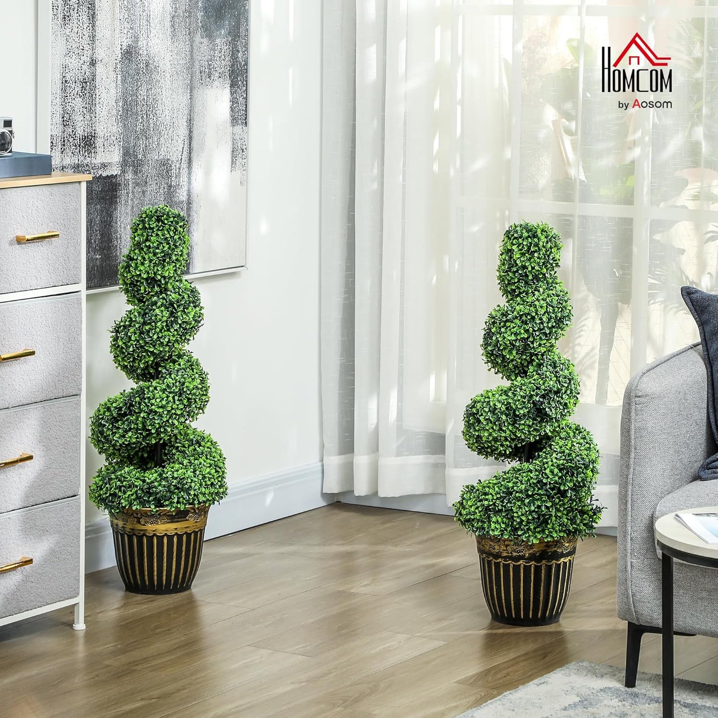 Kunstbuxusboom – Kunstplant – Nepplant – Kunstboom – Buxusplant – Onderhoudsarm – 90 cm Hoog – Spiraalvormige Kunstbuxusbomen Set van 2 – Realistisch Uitziend – Stevige Cementpotten