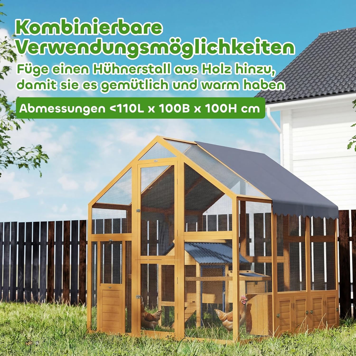 PawHut Chicken Coop 3.07㎡ 1.7 x 1.8 x 1.8m Outdoor Enclosure Wood with Waterproof Cover, Security Lock, Double Door, 2 Laying Nests, 2 Perches, Suitable for 6-8 Chickens, Ducks, Geese, Rabbits - QUORE