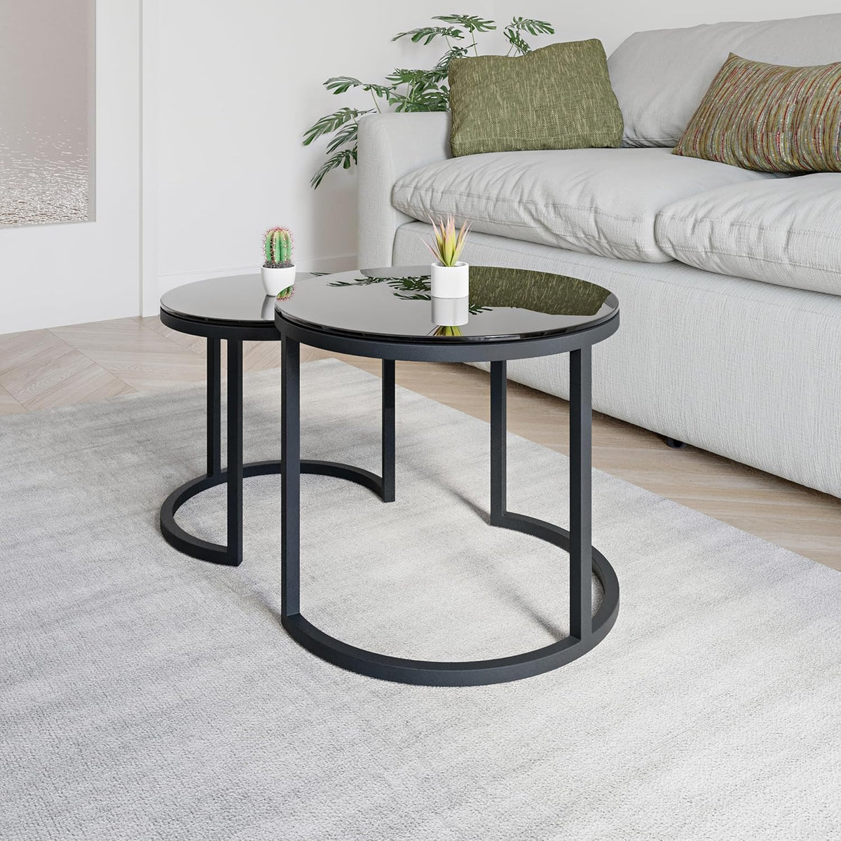 Modena, Set van 2 Salontafels van Gehard Glas en Staal, Handgemaakt in Europa, Bijzettafel, Koffietafel, Coffee Table, Zwart, Ronde, Ø50x43 cm / Ø40x38 cm