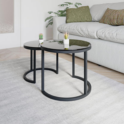 Modena, Set van 2 Salontafels van Gehard Glas en Staal, Handgemaakt in Europa, Bijzettafel, Koffietafel, Coffee Table, Zwart, Ronde, Ø50x43 cm / Ø40x38 cm