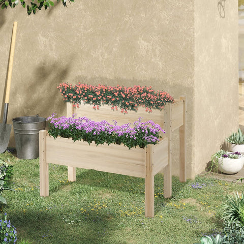 Outsunny verhoogd bed, 2 verdiepingen, koud frame, kruidenbed, plantenbak met 8 afvoergaten, massief hout, naturel, 86 x 85 x 72 cm