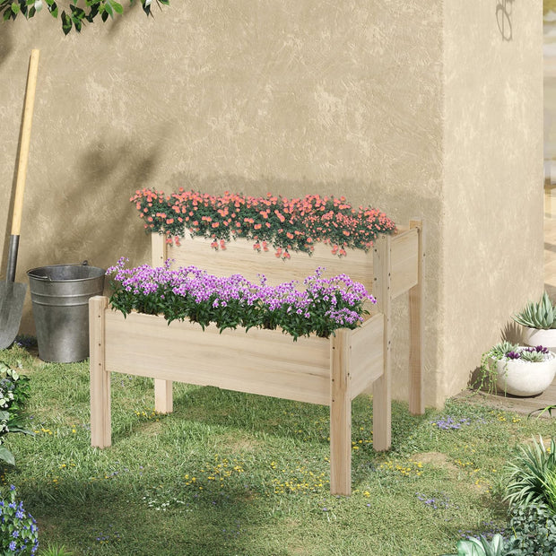 Outsunny verhoogd bed, 2 verdiepingen, koud frame, kruidenbed, plantenbak met 8 afvoergaten, massief hout, naturel, 86 x 85 x 72 cm