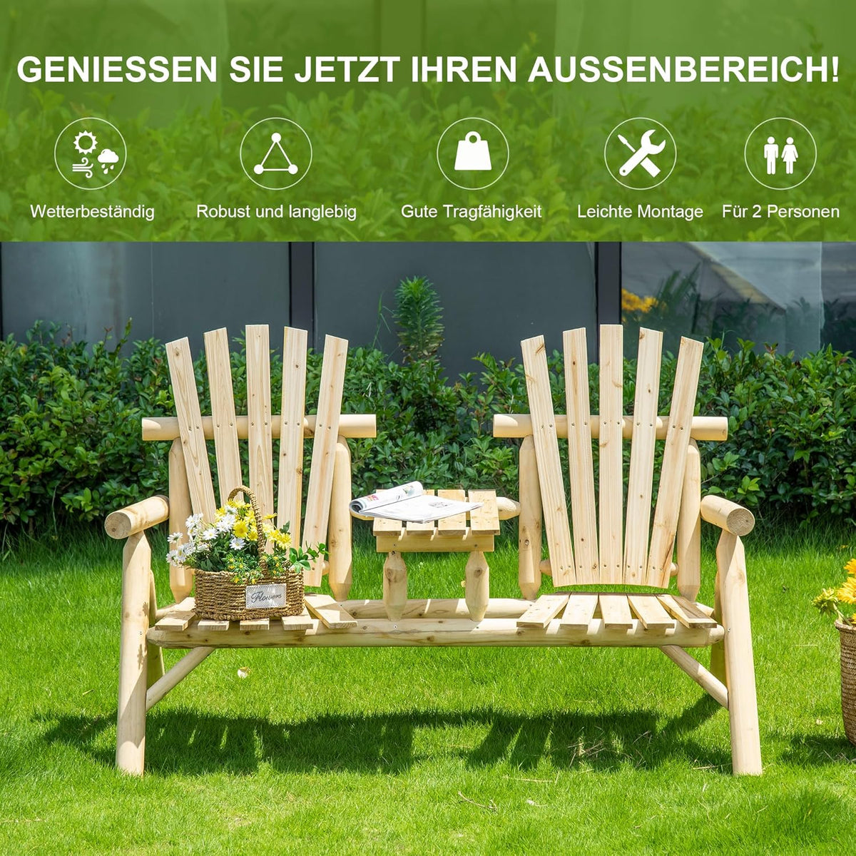 Outsunny Garden Bench with Table, Garden Furniture, Sofa, 2 Chairs, Solid Wood, Natural, 157 x 88 x 103 cm - QUORE