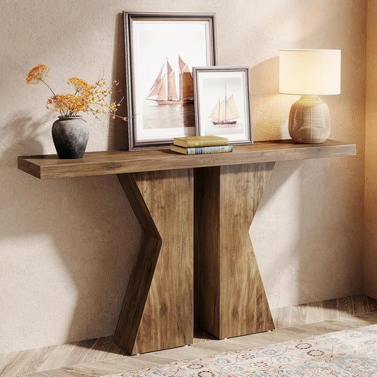 Tribesigns Farm Entrance, 55.12 Inch Console Table Behind Sofa Wooden Bench Table, Narrow Corridor Table, Foyer Entrance Table with K-Shaped Frame for Entrance, Living Room, Rustic Brown