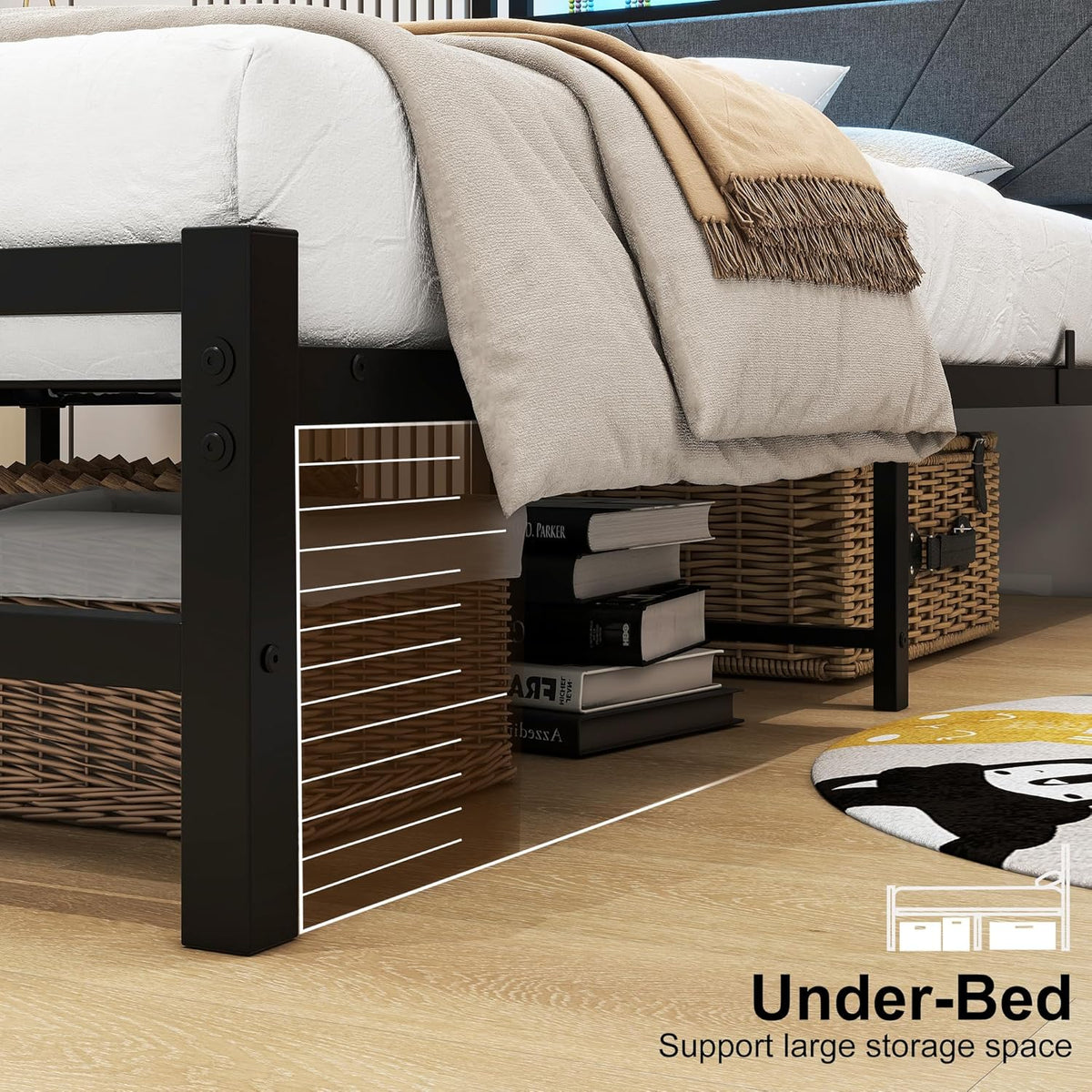 Gestoffeerd bed, 90 x 200 cm, metalen bed, eenpersoonsbed, bedframe met led en laadstation, bedframe met opbergruimte, tienerbed, logeerbed, bedframe met hoofdeinde, donkergrijs