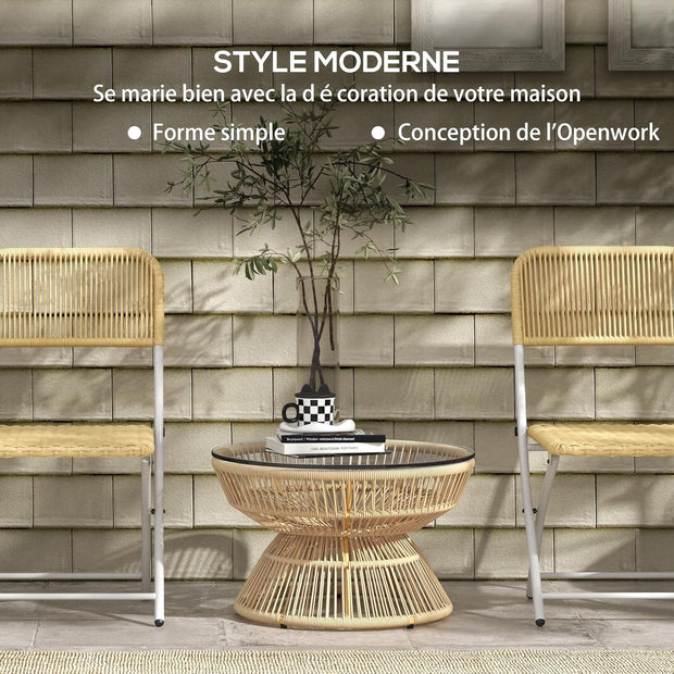 Tuintafel - Tuintafel Rond - Bijzettafeltje - Bistrotafel - Salontafel - Rotanlook - met  Dienblad van Gehard Glas - voor Terras - Tuin - Ø 60 x 37 cm - 	Natuurlijk Hout