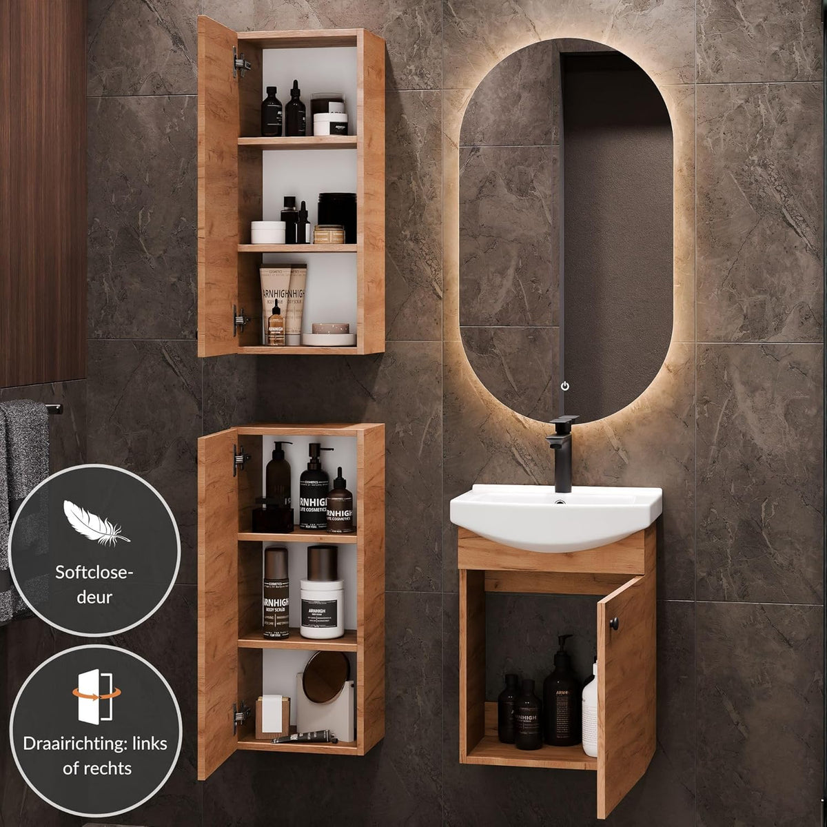 Planetmöbel bathroom cabinet set Washbasin with vanity unit 45 x 60 x 33 cm, mirror with lighting 50 x 90 cm, 2X midi cabinets for bathroom & guest toilet, gold oak - QUORE