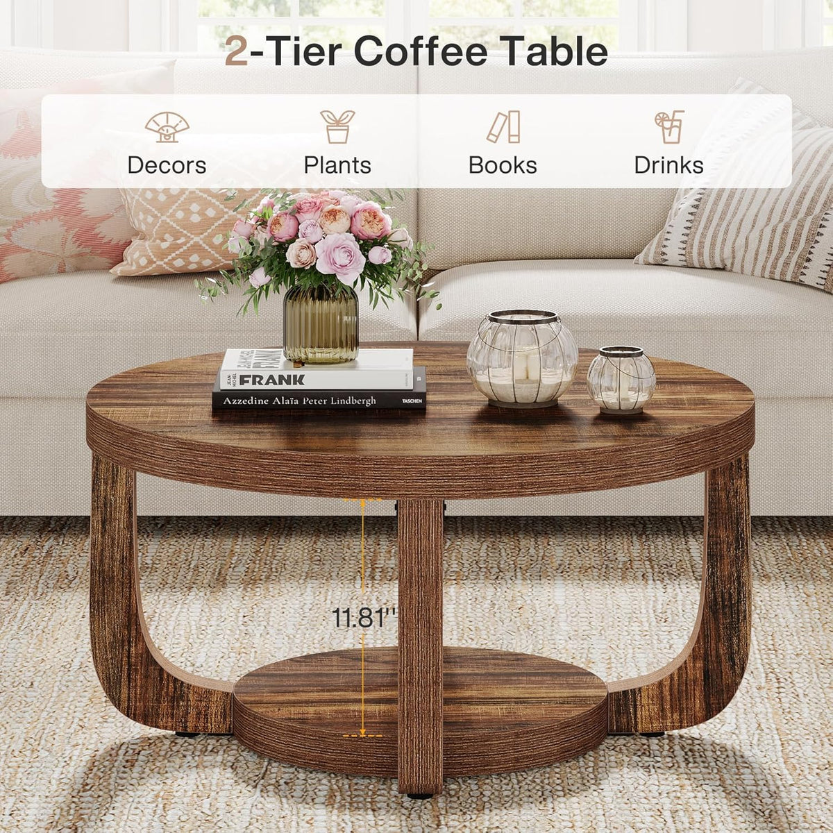 Tribesigns Round Coffee Table, 2-Step Round Coffee Table with Storage Space, 80 cm, Modern Accent Table Made of Wood for Living Room, Thick Table Top and Base, Rustic Brown